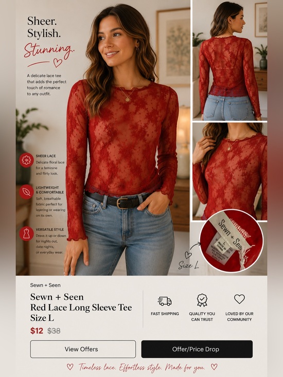 Sewn + Seen Tops - Sewn + Seen Red Lace Long Sleeve Tee Size L